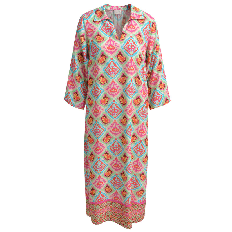 Milano Italy Kaftan Dress With Collar And Slit At Cf And 3 4 Sleeve