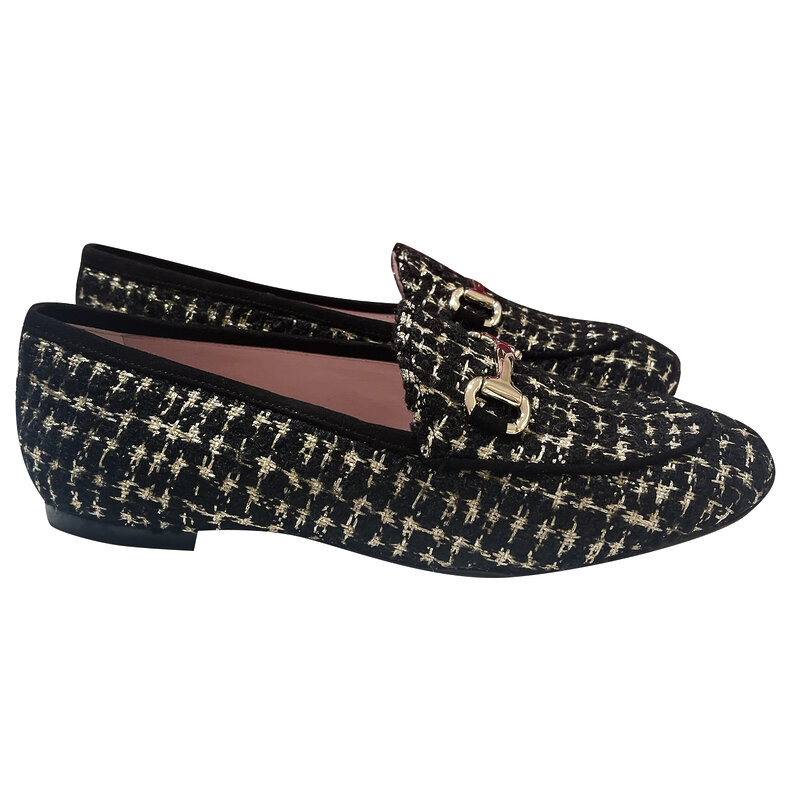 Pretty Ballerina Loafer Faye Aus Schwarzem, Weißem Und Goldenem Tweed